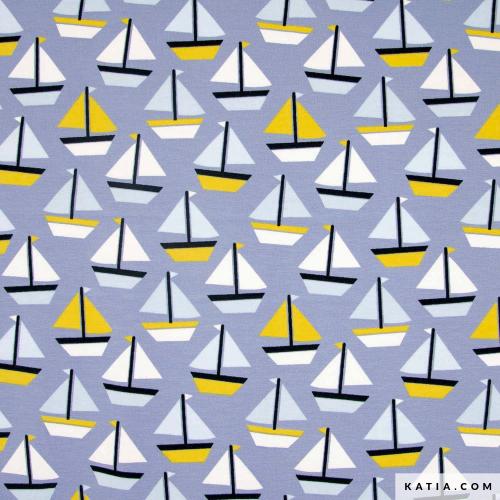 katia fabrics-  SHIPS PASTEL - gelb-weiß-marine auf hellblau - French Terry